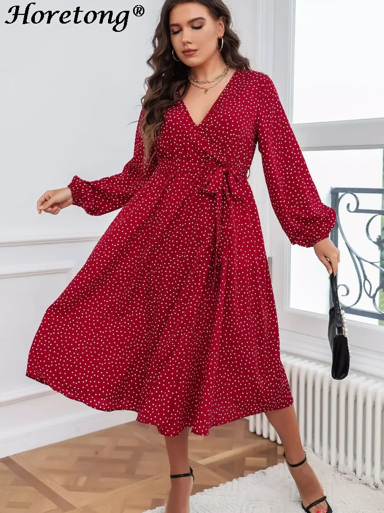 Horetong V-neck Plus Size Belted Dress Polka Dot Print Long Sleeve Split Midi Dresses Women Summer Autumn Thin Elegant Dress
Horetong V-neck Plus Size Belted Dress Polka Dot Print Long Sleeve Split Midi Dresses Women Summer Autumn Thin Elegant Dress