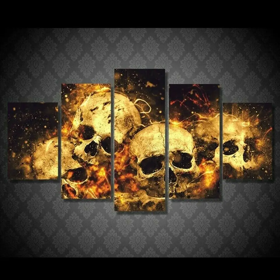 

Unframed 5 Panel Fire Skull Horror Halloween Modern Cuadros Canvas Posters Wall Art Picture Paintings for Living Room Home Decor