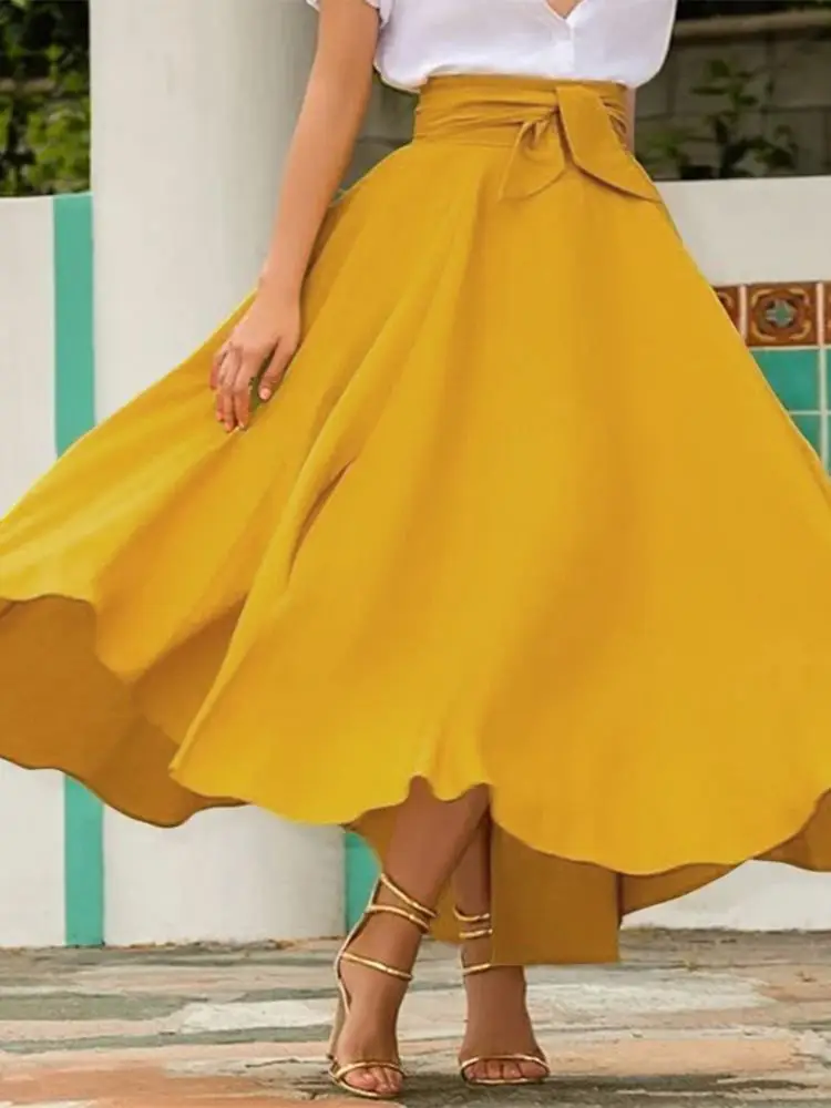 

2023 ZANZEA Women Summer Skirts Elegant Solid A-line Skirts Bohemian Beach Skirt Jupe Female Bow Tie Maxi Long Skirt Faldas Saia