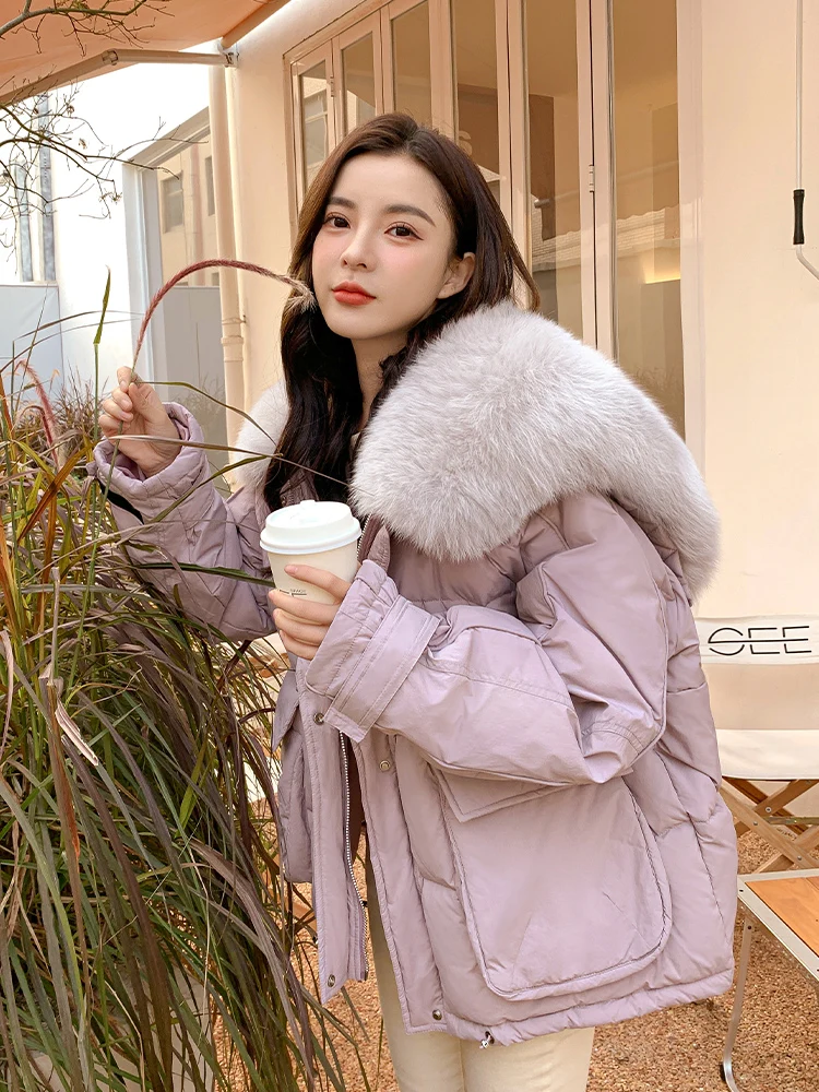 

Angel Wings Fox Fur Collar Warm Thick Down Jacket Parka Coat Women's Mid-Length Young