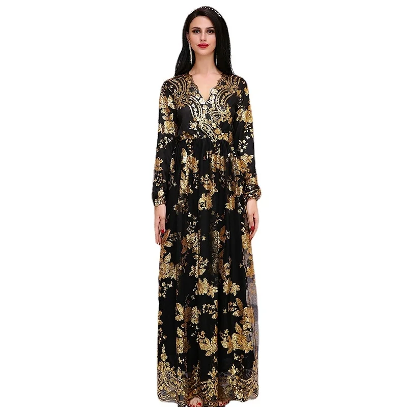 Black Abaya Gold Sequins Embroidered Dubai Muslim Dress V-neck Long Sleeve Vintage Islam Oman Qatar Women's Islamic Clothes
Black Abaya Gold Sequins Embroidered Dubai Muslim Dress V-neck Long Sleeve Vintage Islam Oman Qatar Women's Islamic Clothes