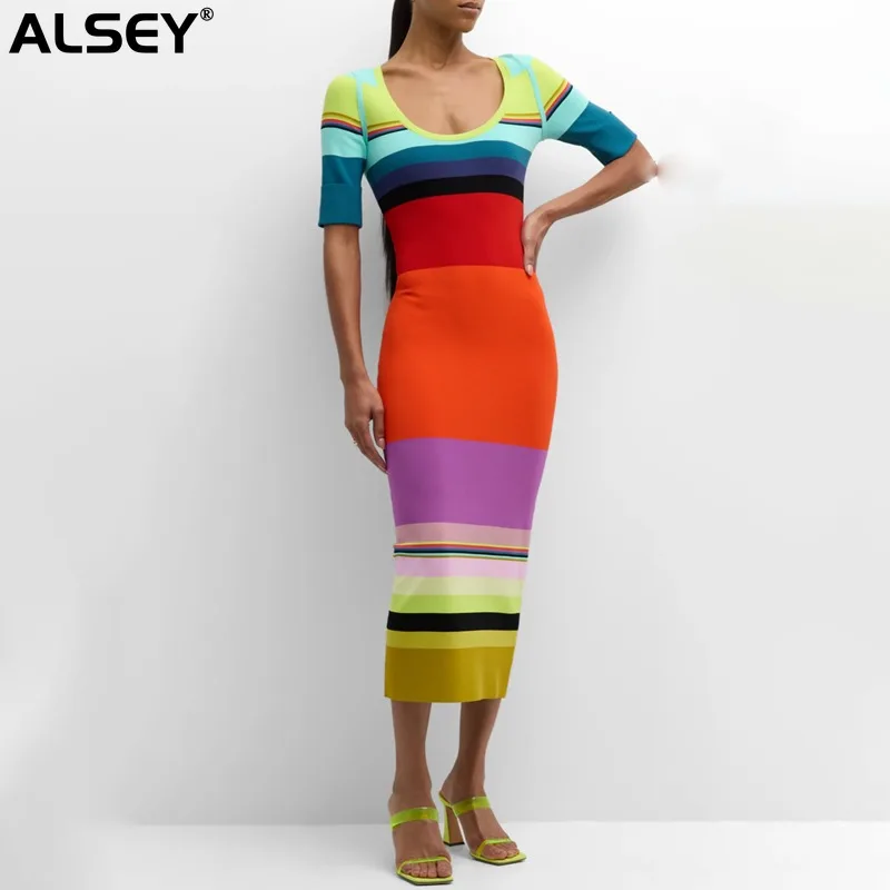 

Summer Women Rainbow Striped Beach Dress Plus Size Simple Y2k Slim Casual Daily Wear Elegant High Waist Female Clothing A05430