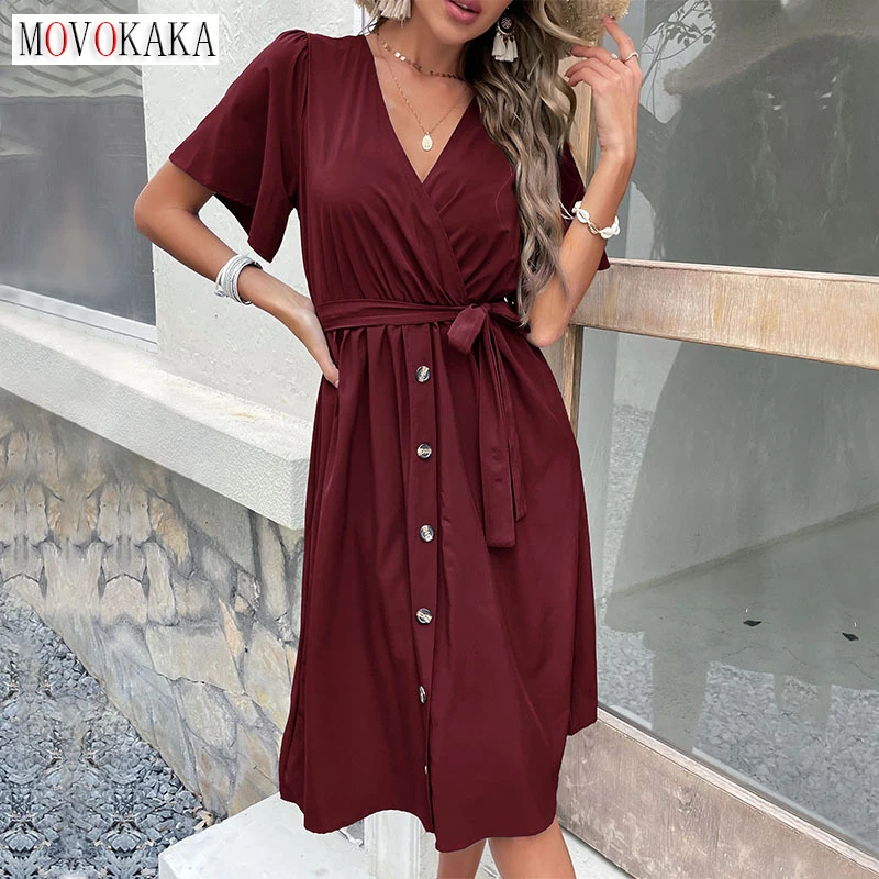 MOVOKAKA Summer Women Office Lady Red Long Dress Elegant Party Casual V Neck Button Vestidos Short Sleeve Slim Vintage Dresses
MOVOKAKA Summer Women Office Lady Red Long Dress Elegant Party Casual V Neck Button Vestidos Short Sleeve Slim Vintage Dresses