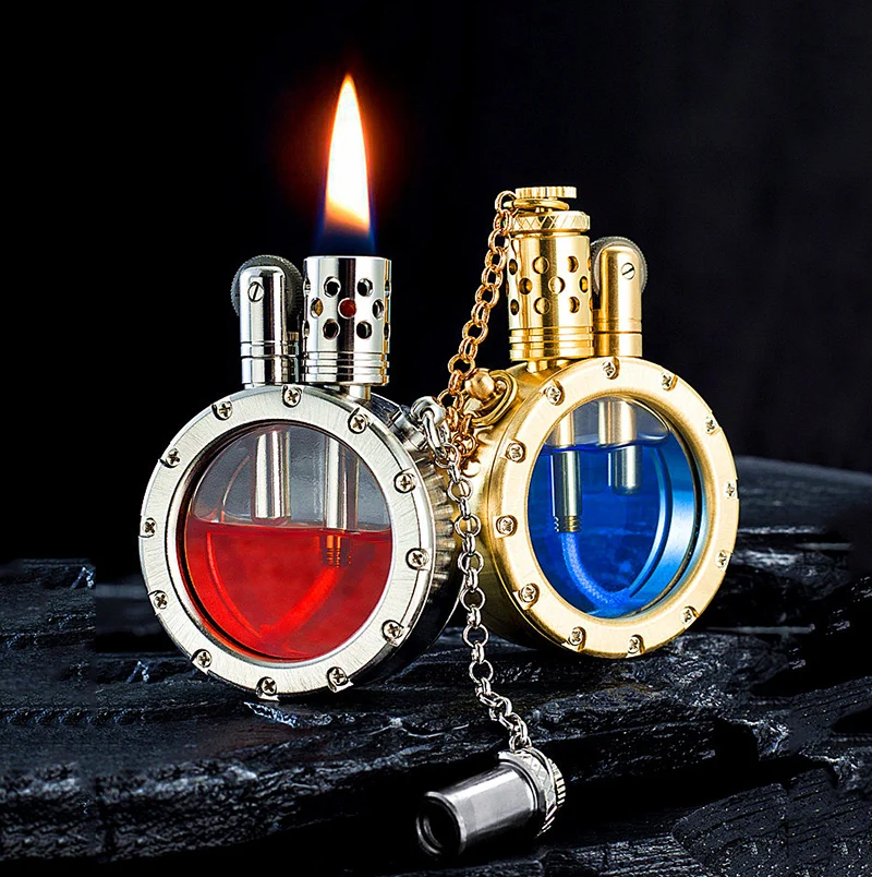 

Handmade Pure Copper Kerosene Lighter Transparent Visible Oil Tank Round Collection Antique Men's High-end Smoking Gifts