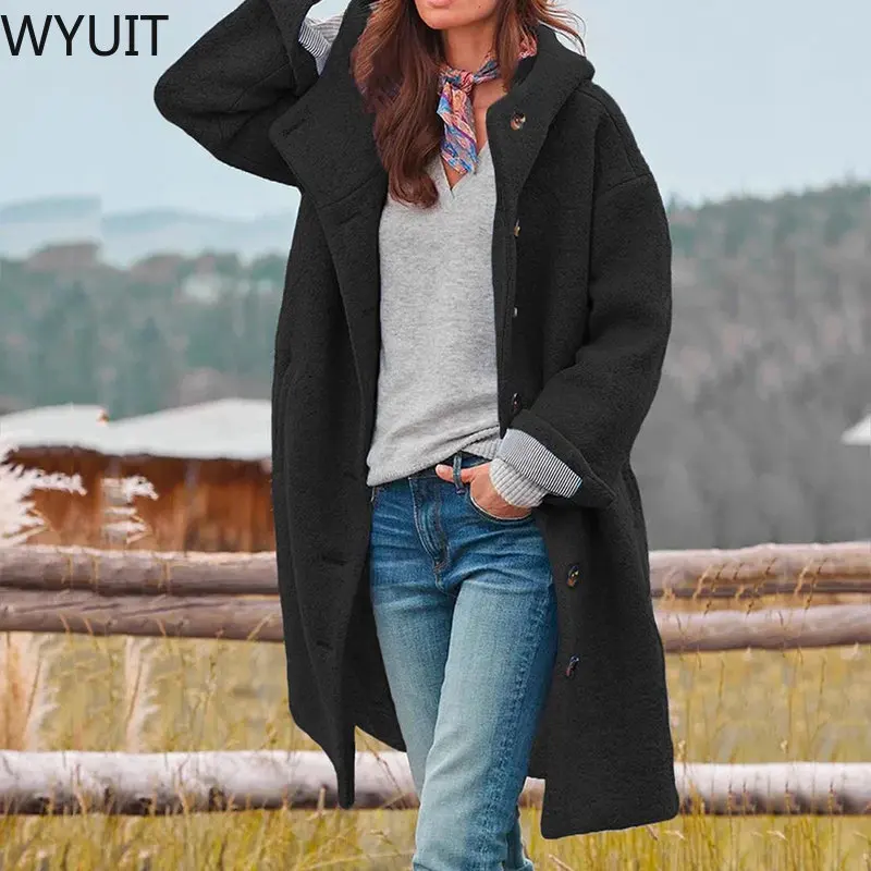 Vintage Long Sleeve Casual Outerwear Women Solid Fashion Hooded Loose Woolen Coat Winter Elegant Single-breasted Pocket Overcoat
Vintage Long Sleeve Casual Outerwear Women Solid Fashion Hooded Loose Woolen Coat Winter Elegant Single-breasted Pocket Overcoat