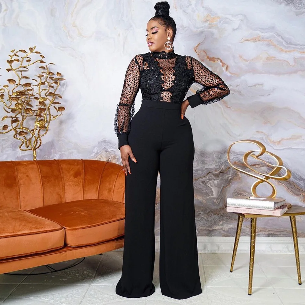 Women Elegant Party Jumpsuit Sexy Lace Hollow High Collar Sequined Perspective Long Sleeve Top Loose Pants Evening Jumpsuit 
Women Elegant Party Jumpsuit Sexy Lace Hollow High Collar Sequined Perspective Long Sleeve Top Loose Pants Evening Jumpsuit