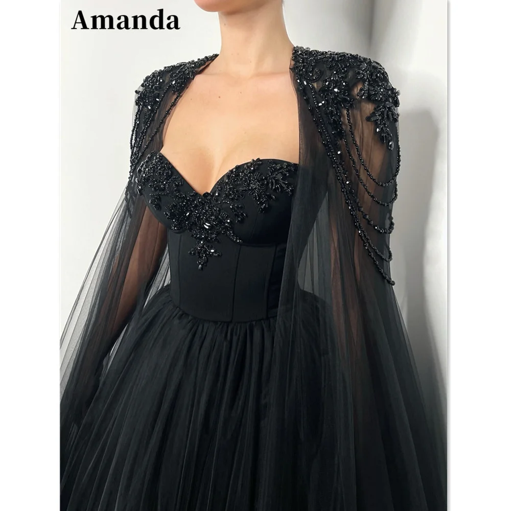 

Amanda Gothic Black Vestido De Novia Beading Cape sleeve Prom Gown Sexy A-line Prom Dress Lace Embroidery Sweetheart فستان سهرة