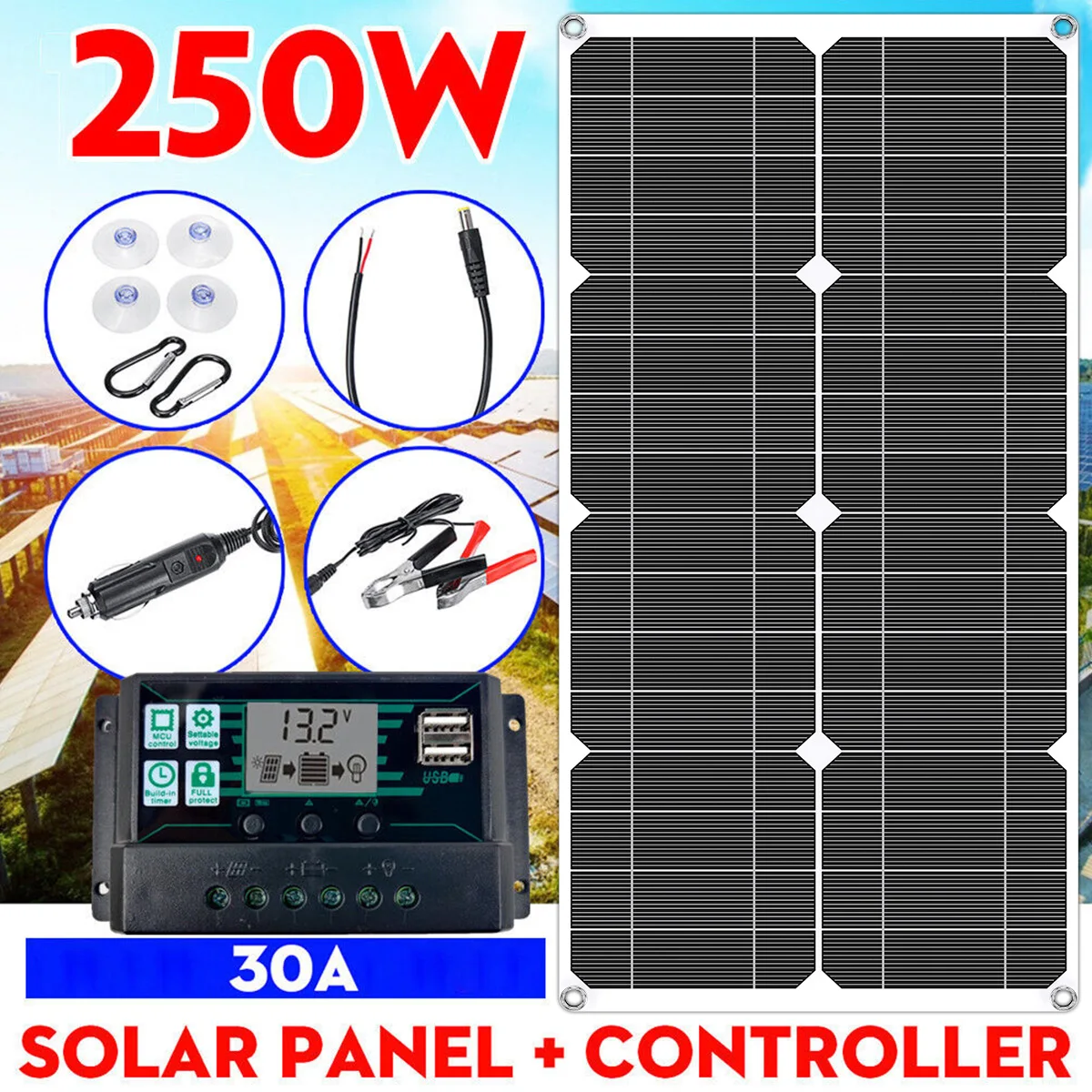 Solar Panel Kit Solar Charger Durable 30A Battery Charger LCD Controller Portable Outdoor Solar Plate Premium Solar Panel with 2
Solar Panel Kit Solar Charger Durable 30A Battery Charger LCD Controller Portable Outdoor Solar Plate Premium Solar Panel with 2