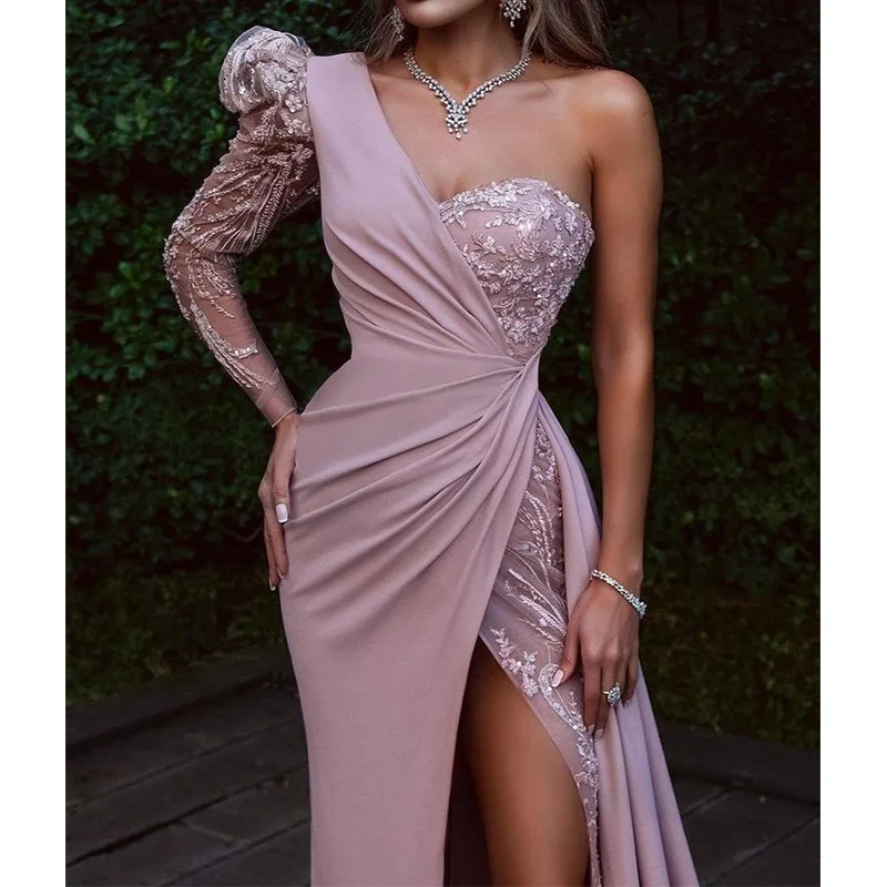2022 Autumn New Elegant Ladies Evening Dress Sexy Irregular One-shoulder Sleeve Long Skirt Intellectual Elegant Pink Purple Dre
2022 Autumn New Elegant Ladies Evening Dress Sexy Irregular One-shoulder Sleeve Long Skirt Intellectual Elegant Pink Purple Dre