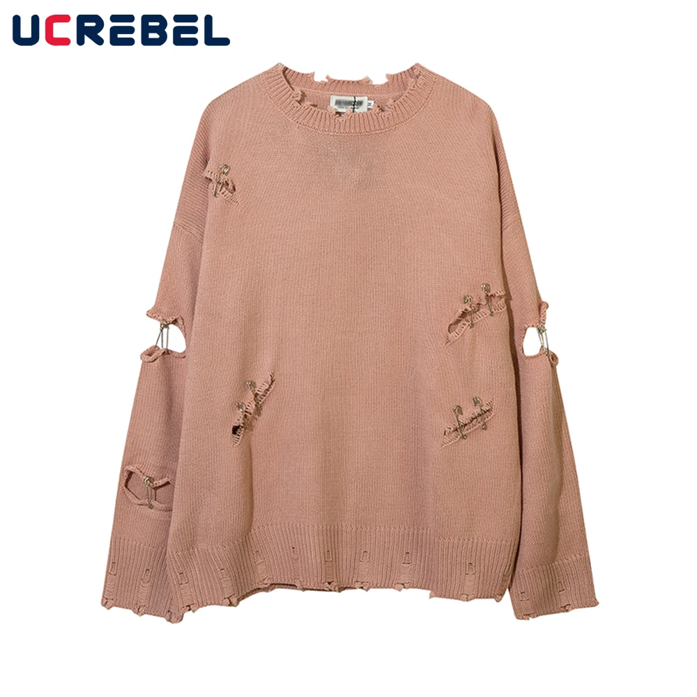 Мужской трикотажный свитер с вырезом лодочкой и булавками, однотонный Свободный пуловер с длинными рукавами и рваными дырками, уличная одежда для мужчин 
Мужской трикотажный свитер с вырезом лодочкой и булавками, однотонный Свободный пуловер с длинными рукавами и рваными дырками, уличная одежда для мужчин