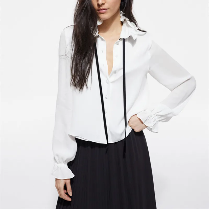 Women Satin White Shirt Top Ruffles Lace-up Stand Collar Long Flared Sleeve Single Breasted Female Elegant Blouse
Women Satin White Shirt Top Ruffles Lace-up Stand Collar Long Flared Sleeve Single Breasted Female Elegant Blouse