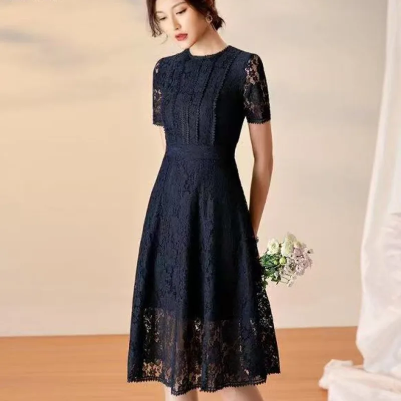 Slim Fit Dress Lace Hollow Out Dresses for Women Office Lady Elegant Mid Long Vestido Summer Vintage Clothing Black Nave Blue
Slim Fit Dress Lace Hollow Out Dresses for Women Office Lady Elegant Mid Long Vestido Summer Vintage Clothing Black Nave Blue