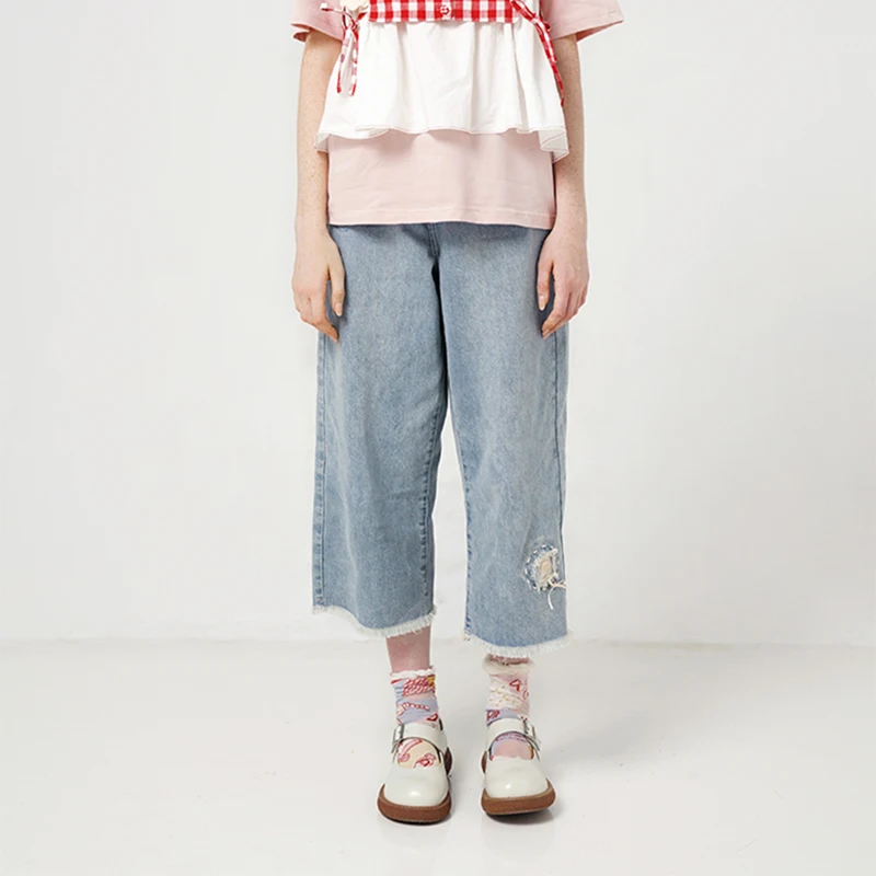 Bebobsons Summer New Preppy Style Patch Embroidered Raw Edge Jeans Women's Loose Wide Leg Pants Cropped Pants Джинсы Женские
Bebobsons Summer New Preppy Style Patch Embroidered Raw Edge Jeans Women's Loose Wide Leg Pants Cropped Pants Джинсы Женские