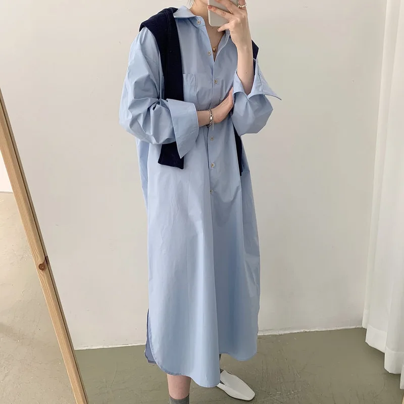 Cotton Dress Shirt Women Single-breasted Blue Solid Long Dress Spring Summer Casual Loose Long Sleeve Shirt Dress for Women
Cotton Dress Shirt Women Single-breasted Blue Solid Long Dress Spring Summer Casual Loose Long Sleeve Shirt Dress for Women