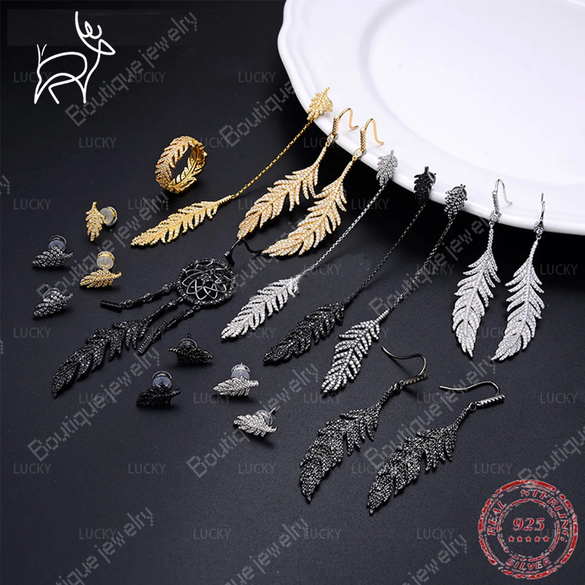 

High Quality S925 Sterling Silver Luxury Monaco Jewelry Inlaid Dream Asymmetric Catcher Leaf Long Feather Hook Earring Necklace