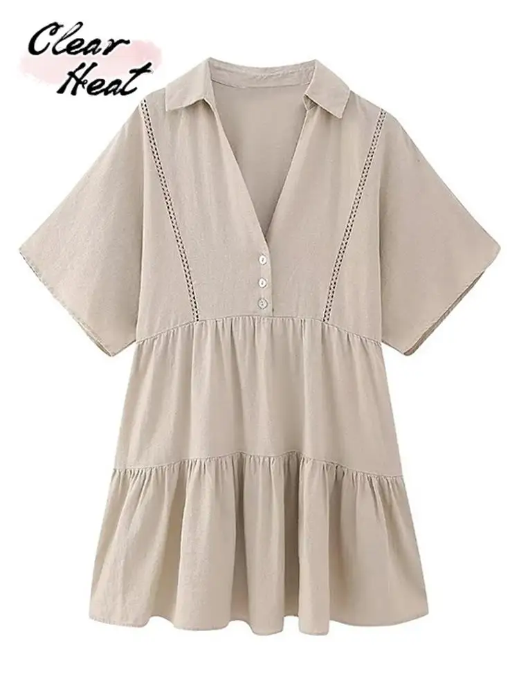 Однотонные плиссированные Лоскутные Платья-мини цвета хаки, летние платья с отложным воротником и коротким рукавом и V-образным вырезом, женские повседневные модные дамские наряды 2023
Однотонные плиссированные Лоскутные Платья-мини цвета хаки, летние платья с отложным воротником и коротким рукавом и V-образным вырезом, женские повседневные модные дамские наряды 2023