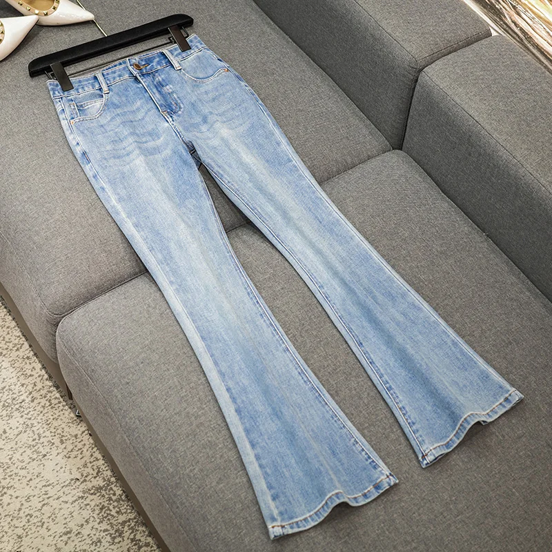 Модные облегающие тонкие синие расклешенные джинсы с завышенной талией, женские летние темпераментные офисные женские элегантные простая женская одежда 2023 
Модные облегающие тонкие синие расклешенные джинсы с завышенной талией, женские летние темпераментные офисные женские элегантные простая женская одежда 2023