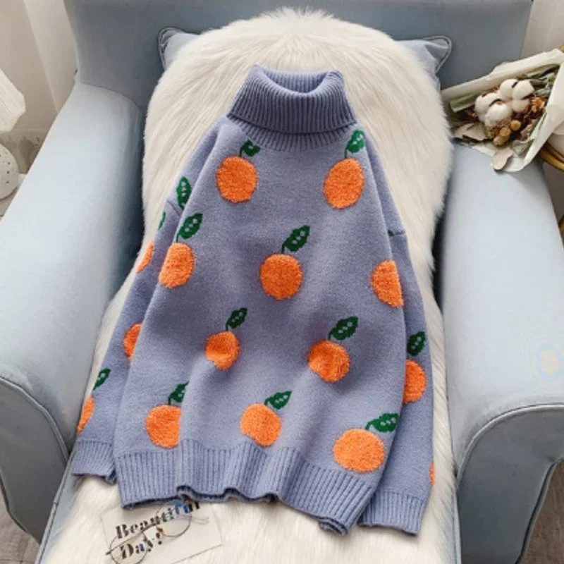 

Turtleneck Pullovers Women Autumn Sweet Fruit Sweater O-Neck Knitted Tops 2023 New Casual Sweaters Jumpers Loose Clothes 28572