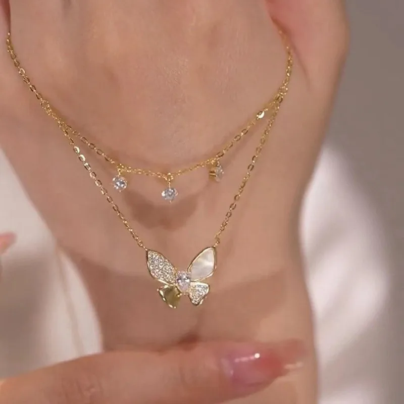 New Zircon Inlaid Golden Butterfly Double Layer Necklace Women's Personality Fashion Necklace Wedding Jewelry Birthday Gift
New Zircon Inlaid Golden Butterfly Double Layer Necklace Women's Personality Fashion Necklace Wedding Jewelry Birthday Gift