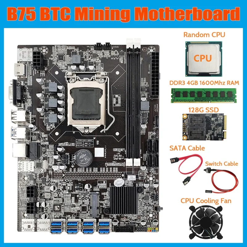 Материнская плата B75 BTC для майнинга + ЦП + вентилятор + DDR3 4 Гб 1600 МГц ОЗУ + 128G SSD + кабель SATA + кабель переключателя LGA1155 8xpcie к USB-плате
Материнская плата B75 BTC для майнинга + ЦП + вентилятор + DDR3 4 Гб 1600 МГц ОЗУ + 128G SSD + кабель SATA + кабель переключателя LGA1155 8xpcie к USB-плате