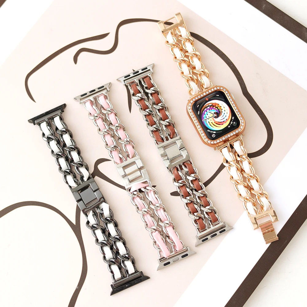Women Gold wristband for Apple Watch Band 7 6 se 41mm 45mm 38/42mm lady luxury jewelry metal leather bracelet for iWatch 7 strap
Women Gold wristband for Apple Watch Band 7 6 se 41mm 45mm 38/42mm lady luxury jewelry metal leather bracelet for iWatch 7 strap