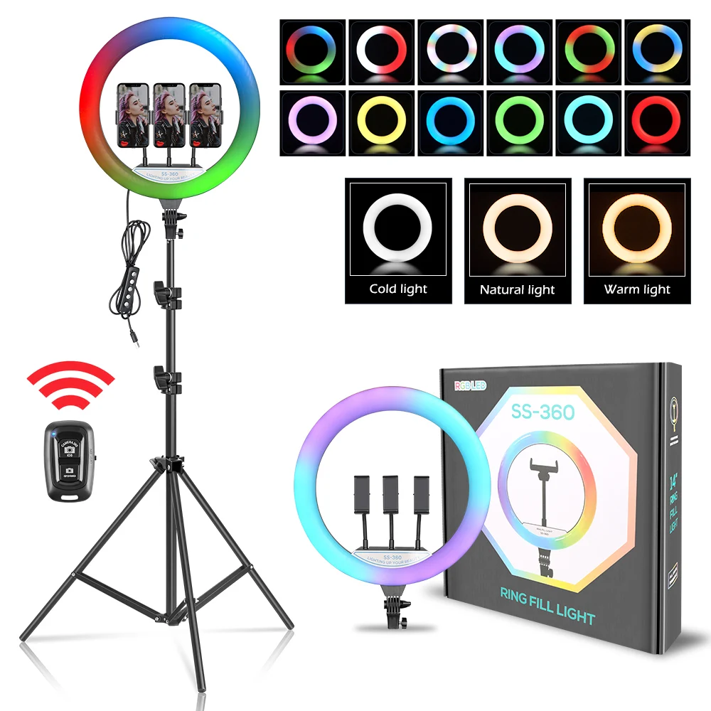 14" 35cm RGB Ring Light With Tripod Stand Phone Holder Ring LED Lamp For Live Streaming YouTube Video Makeup Ring Light Shootin
14" 35cm RGB Ring Light With Tripod Stand Phone Holder Ring LED Lamp For Live Streaming YouTube Video Makeup Ring Light Shootin