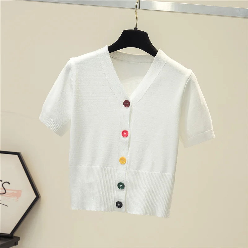 Fashion Short Sleeve Knitted Women's Sweater Top V Neck Single Breasted Sweater Female Loose Thin Clothes Summer Pull Femme
Fashion Short Sleeve Knitted Women's Sweater Top V Neck Single Breasted Sweater Female Loose Thin Clothes Summer Pull Femme