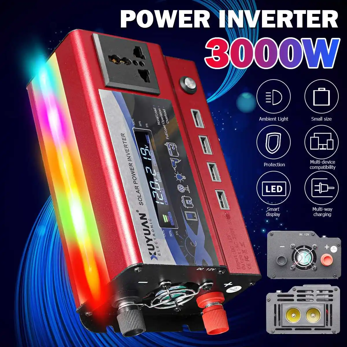 3000W Power Inverter Modified Sine Wave LCD display DC 12V to AC 220V 4 USB Car Transformer Convert Charging Converter LED Lamp
3000W Power Inverter Modified Sine Wave LCD display DC 12V to AC 220V 4 USB Car Transformer Convert Charging Converter LED Lamp