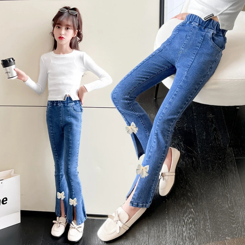 

Girls Jeans Spring Fall New Style Girl Bow Bell Bottom Pants Teenage Elastic Waits Stretch Denim Trousers Solid Color Slack Pant