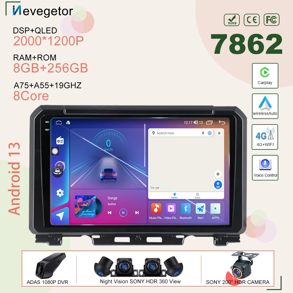 

7862 Android 13 автомобильный мультимедийный плеер для Suzuki Jimny 2019 2020 Автомобильный GPS-навигатор No 2din DVD QLED экран видеорегистратор Carplay BT