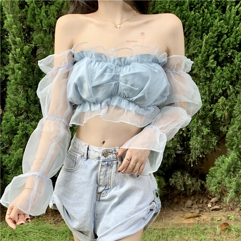 Fashion Puff Sleeve Gauze Cropped Shirt Sexy Solid Long Sleeve Women's Top Casual Square Collar Ladies T-Shirt Spring New
Fashion Puff Sleeve Gauze Cropped Shirt Sexy Solid Long Sleeve Women's Top Casual Square Collar Ladies T-Shirt Spring New