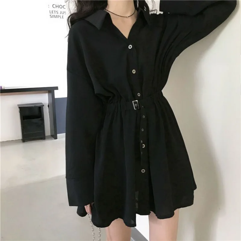 Women Dress Pure Turn-down Collar Button Long Sleeve Collect Waist Elegant Fashion Black Clothing Fall Hepburn Vestido Chic Robe
Women Dress Pure Turn-down Collar Button Long Sleeve Collect Waist Elegant Fashion Black Clothing Fall Hepburn Vestido Chic Robe