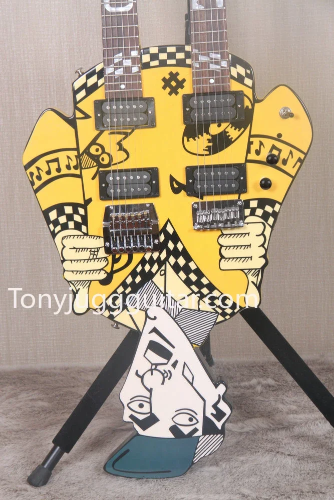 

Custom Cheap Trick's Rick Nielsen Uncle Dick Double Neck Yellow Electric Guitar White Pearl Inlay,Kahler Bridge on the left neck