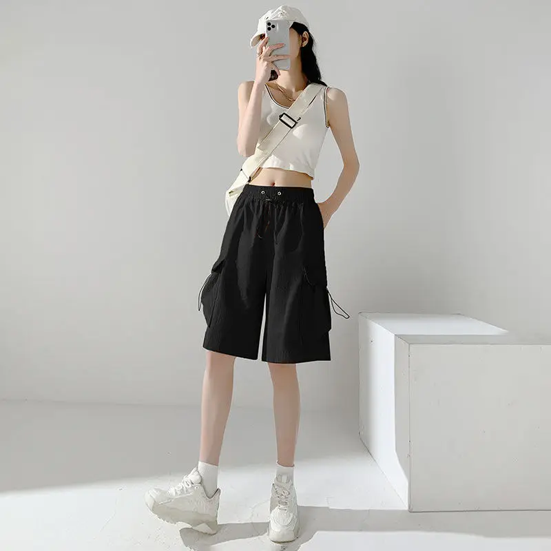 

Summer Pocket Patchwork High Waist Cargo Pants Solid Loose Lacing Drawstring Capris Pants Trend Korean Fashion Women Clothing