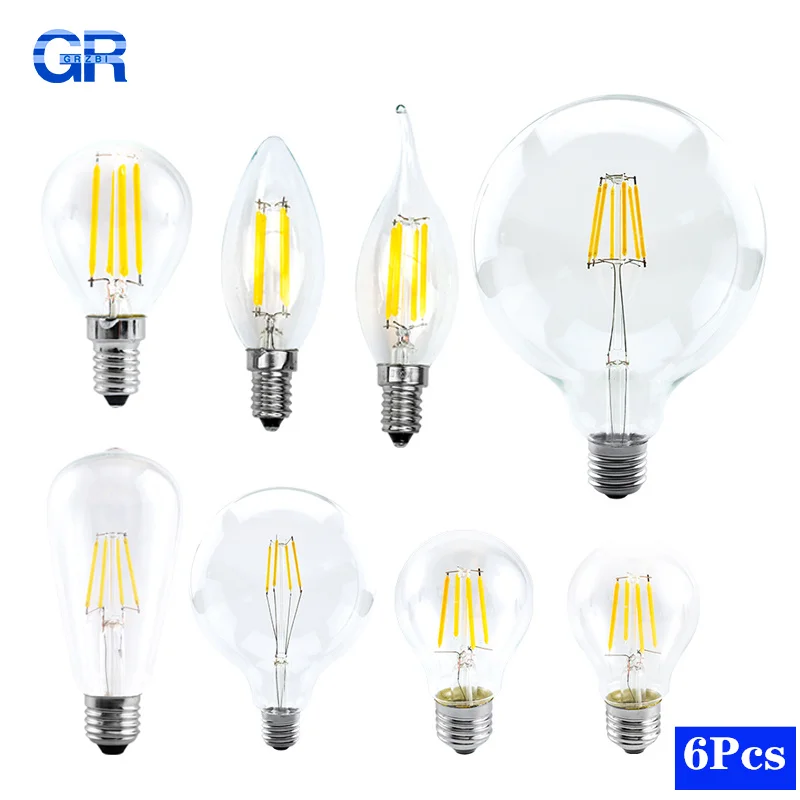 

6pcs/lot LED Retro Edison Bulb E14 E27 220V 2W 4W 6W 8W Light Bulb C35 G45 A60 ST64 G80 G95 G125 Glass Filament Vintage COB Lamp