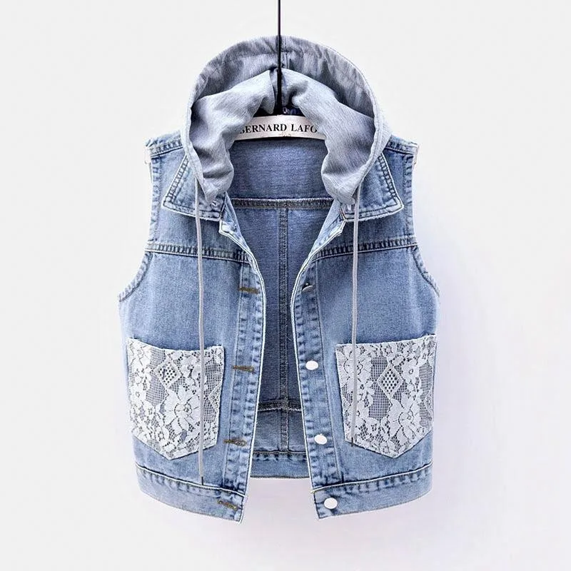 Denim Vest Women Hooded Lace Spring Autumn Fashion Slim Sleeveless Jacket Girl Single-Breasted Short Jeans Waistcoat Female
Denim Vest Women Hooded Lace Spring Autumn Fashion Slim Sleeveless Jacket Girl Single-Breasted Short Jeans Waistcoat Female