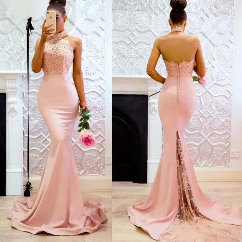 Sexy Halter Mermaid Bridesmaid Dresses Floor-Length Sweep Train Applique Lace Elastic Satin long Backless Wedding Party Events
Sexy Halter Mermaid Bridesmaid Dresses Floor-Length Sweep Train Applique Lace Elastic Satin long Backless Wedding Party Events