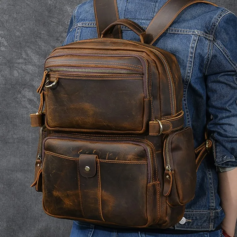 

Мужской кожаный рюкзак Crazy Horse в стиле ретро, сумка для ноутбука, мужские дорожные рюкзаки, винтажные сумки на плечо из воловьей кожи