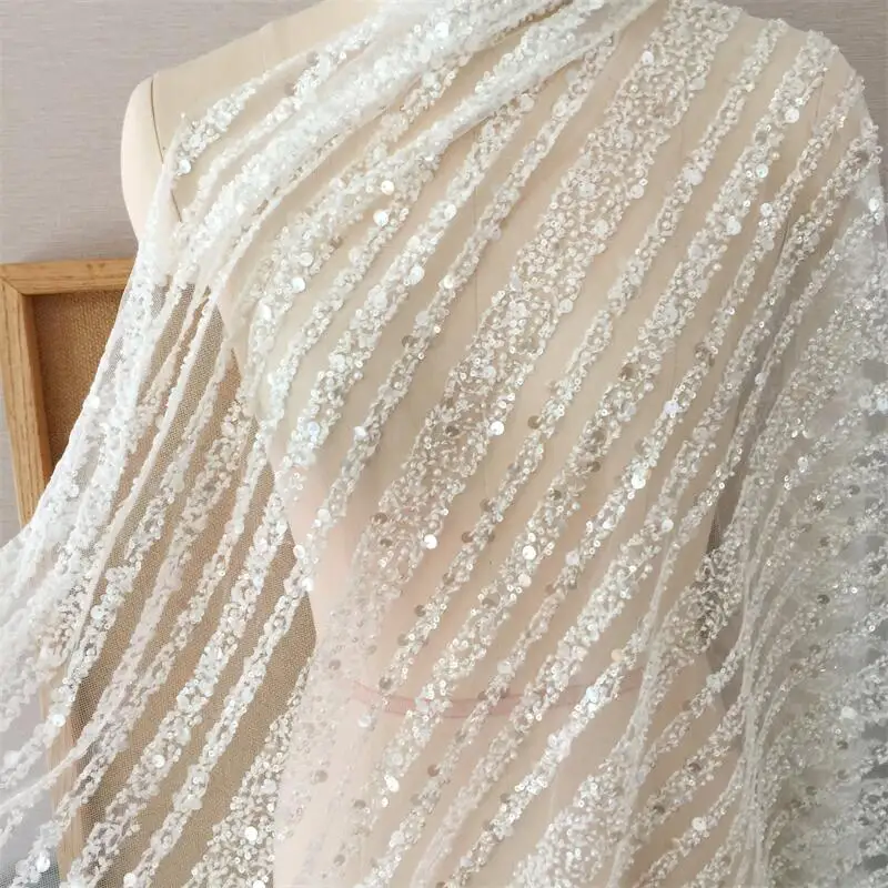 

Новая Прозрачная кружевная ткань в Вертикальную Полоску с блестками, свадебное платье высокой четкости, ткань в Вертикальную Полоску, шелковая ткань