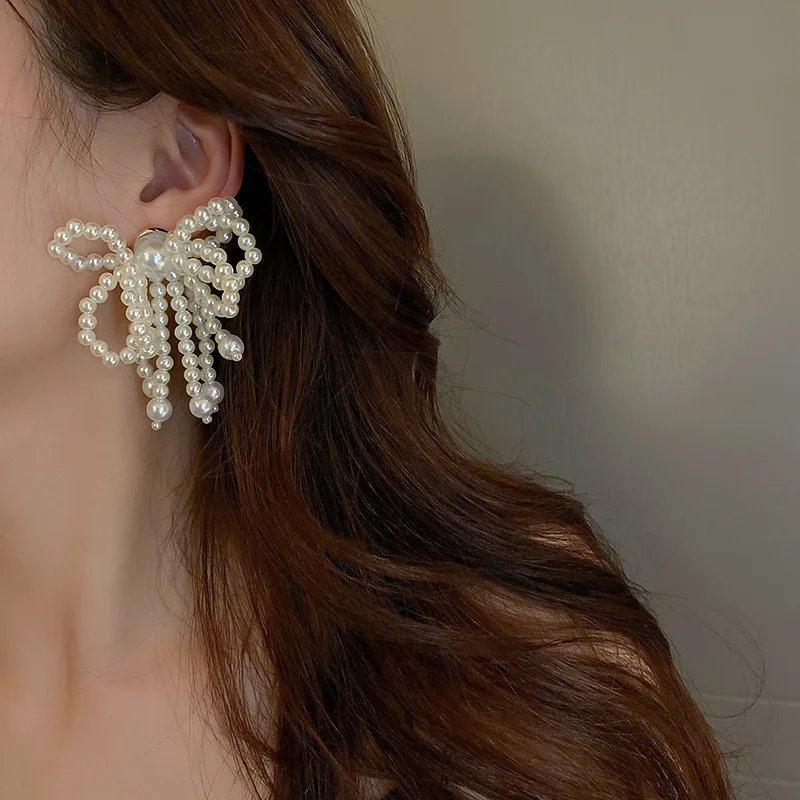 

2022 Korean New Handmade Beaded Simulated Pearl Bowknot Tassel Earrings For Women Fashion Jewelry Oorbellen Voor Vrouwen