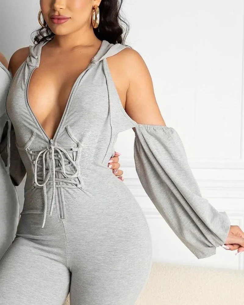 Women Bodysuit Hollow Slim Long Sleeve Shorts Hooded Off Shoulder Gray V-Neck Strap Spring Summer Casual Trend One-Piece Shorts
Women Bodysuit Hollow Slim Long Sleeve Shorts Hooded Off Shoulder Gray V-Neck Strap Spring Summer Casual Trend One-Piece Shorts