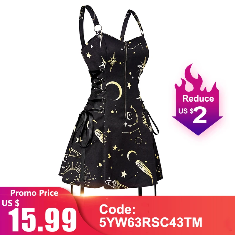 Dressfo Summer Gothic Dress Sun Star Print Mini Dress Half Zipper Lace Up High Waist Strap Sundress Fashion Women's Dress
Dressfo Summer Gothic Dress Sun Star Print Mini Dress Half Zipper Lace Up High Waist Strap Sundress Fashion Women's Dress
