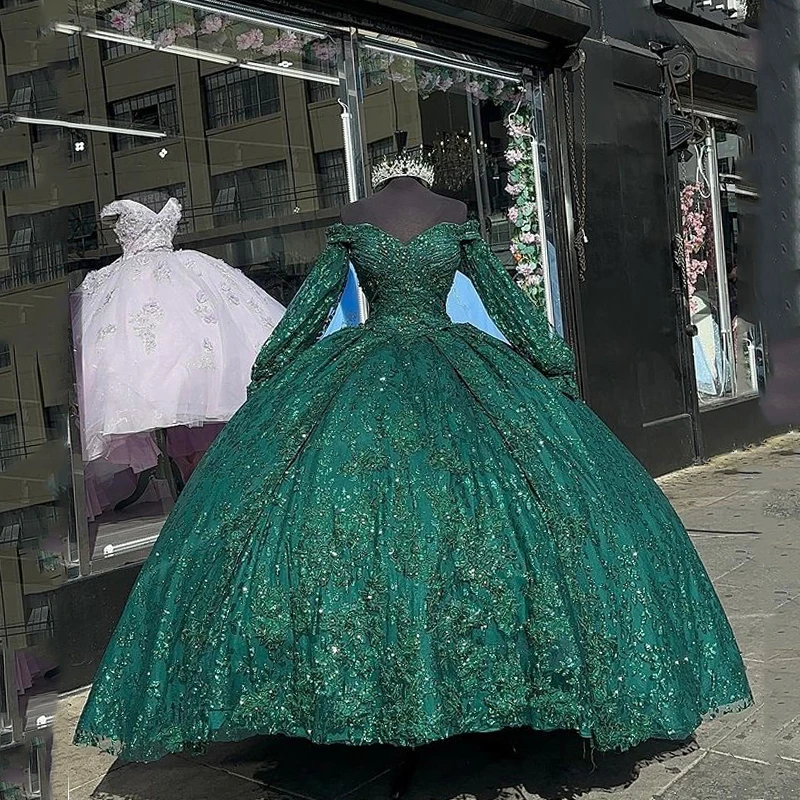 

Изумрудно-зеленое блестящее бальное платье, платья для Quinceanera, кружевное платье с аппликацией и длинными рукавами для выпускного вечера, дня рождения, платье для 15 16 лет