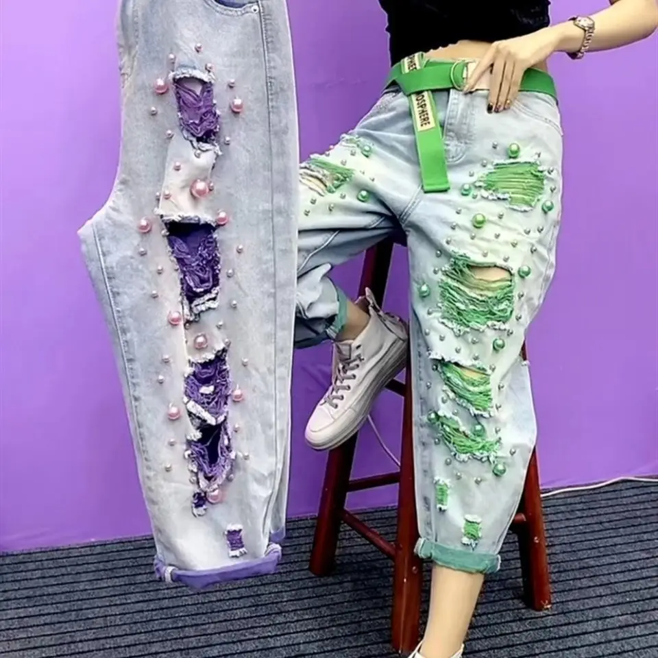2023 Summer New Style Beaded And Broken Hole Colored Elastic Free Loose Fashion Thin Jeans For Women 
2023 Summer New Style Beaded And Broken Hole Colored Elastic Free Loose Fashion Thin Jeans For Women