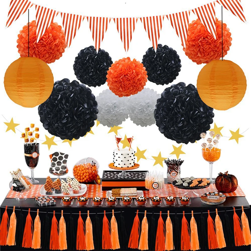 

33Pcs Halloween Fall Christmas Themed Party Decorations Tissue Pom Poms Flowers Paper Lanterns Tassels Hanging Garland Banner