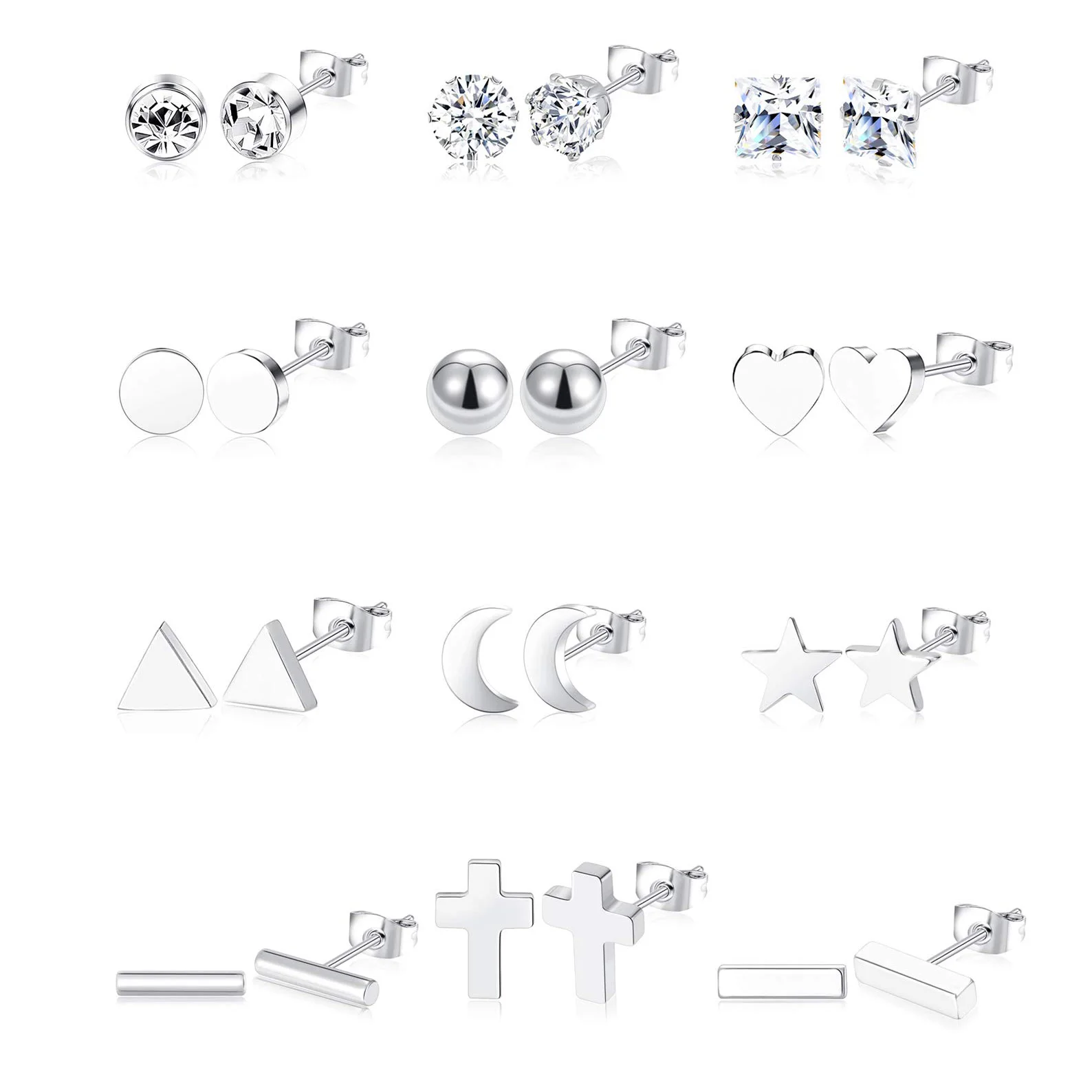 12 Pairs Stainless Steel Earrings Stud Geometric Earrings Set Star Moon Cross Ball Triangle Heart Clear CZ Stud Silver Tone
12 Pairs Stainless Steel Earrings Stud Geometric Earrings Set Star Moon Cross Ball Triangle Heart Clear CZ Stud Silver Tone