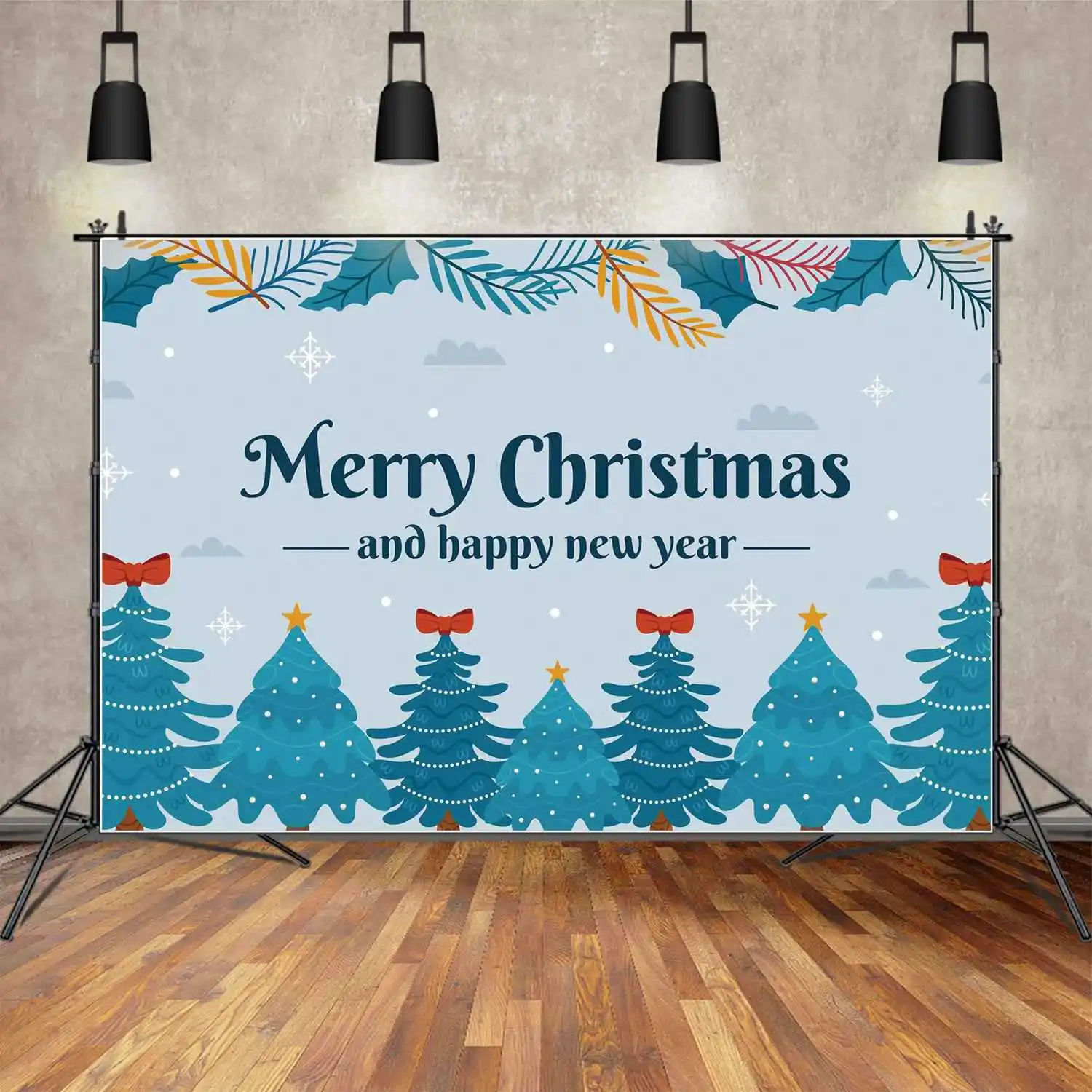 

MOON.QG Backdrop Merry Christmas Snow Tree Banner Kids Party Decoration Background Bowknot Pine Snowflake Sky Photo Booth Props