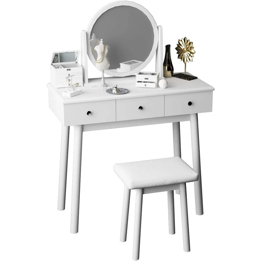 soges Makeup Vanity Table Set, 3-Drawer Dresser Desk, 360° Pivoting Round Mirror, Cushioned Stool
soges Makeup Vanity Table Set, 3-Drawer Dresser Desk, 360° Pivoting Round Mirror, Cushioned Stool