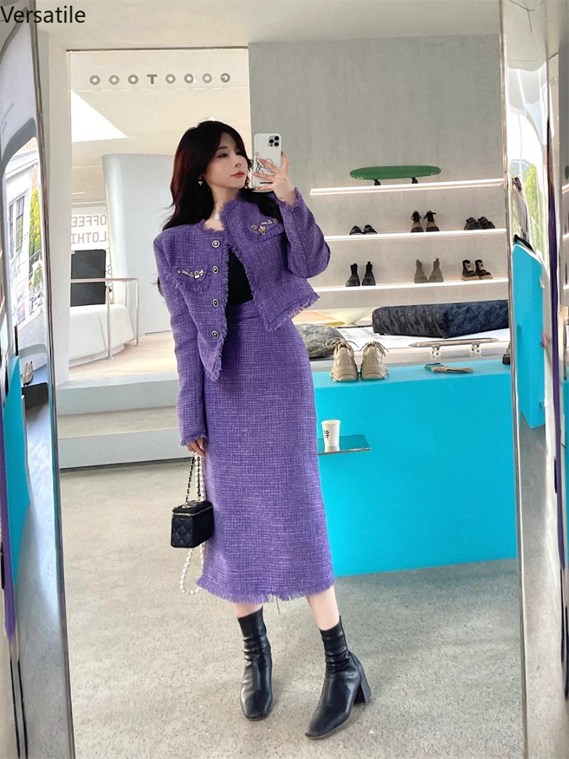 French Elegant Women's Suit Fashion Long-sleeved Tassel Tweed Short Coat High Waist Skirt Two Piece Sets Womens Outifits 2022
French Elegant Women's Suit Fashion Long-sleeved Tassel Tweed Short Coat High Waist Skirt Two Piece Sets Womens Outifits 2022