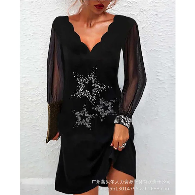 Rhinestone Star Pattern Contrast Mesh Casual Dress Women Casual Sexy Long Sleeve V Neck Chiffon Mini Dress Streetwear
Rhinestone Star Pattern Contrast Mesh Casual Dress Women Casual Sexy Long Sleeve V Neck Chiffon Mini Dress Streetwear